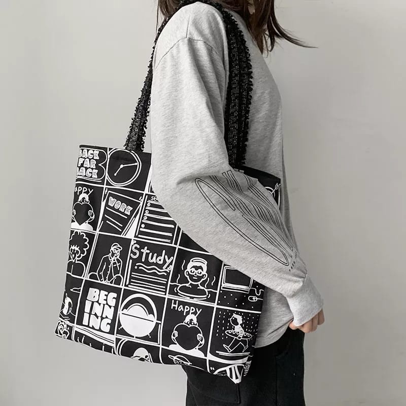 TOTE BAG WANITA MOTIF STUDY UKURAN BESAR BIG SIZE PAKAI RESLETING