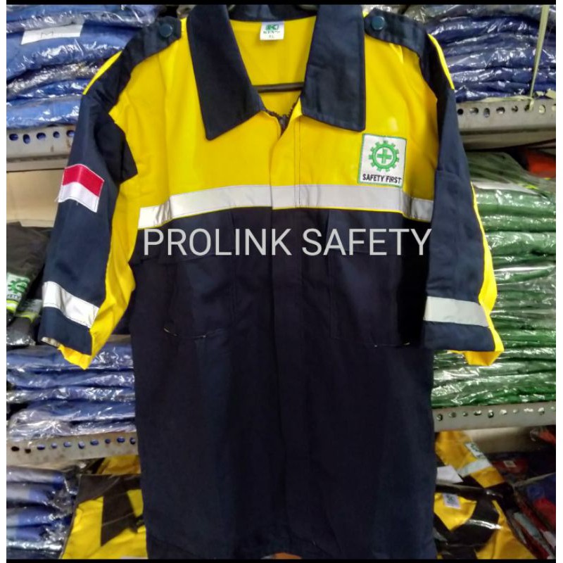 SERAGAM SAFETY LENGAN PENDEK RESLETING KUNING DONGKER FREE LOGO K3 BENDERA