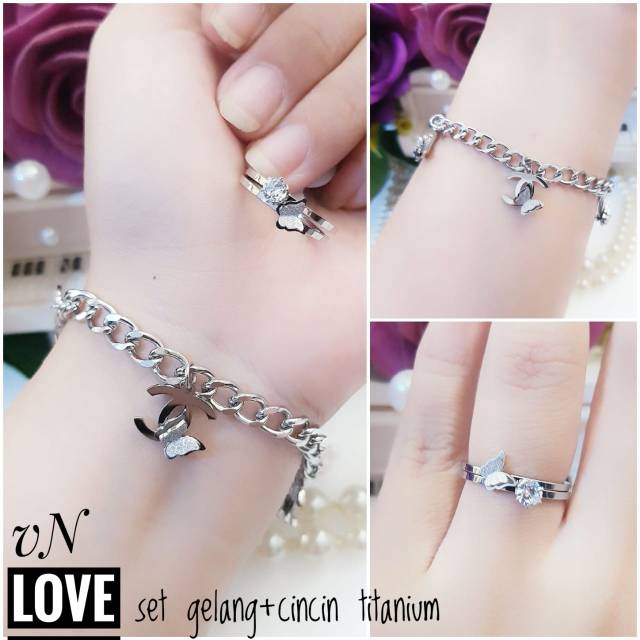 (JUN) Set Perhiasan TITANIUM Anti Karat Gelang Cincin Cantik Kupu Butterfly Chanel Silver Xuping