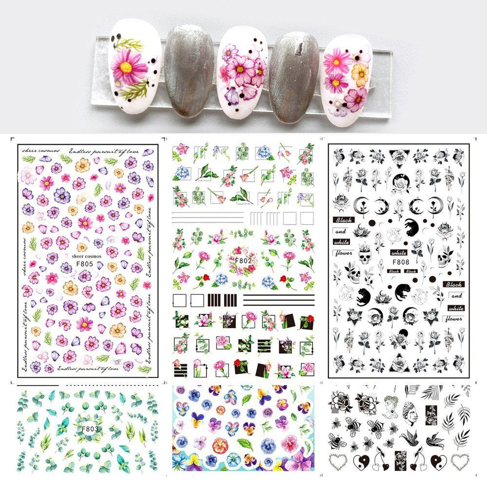 AUGUSTINA Agustina Musim Semi Bunga Nail Art Stiker Perekat Diri Warna-Warni Menawan Wanita Daun Hijau Mawar Valentine Bunga DIY Manicure Accesorios