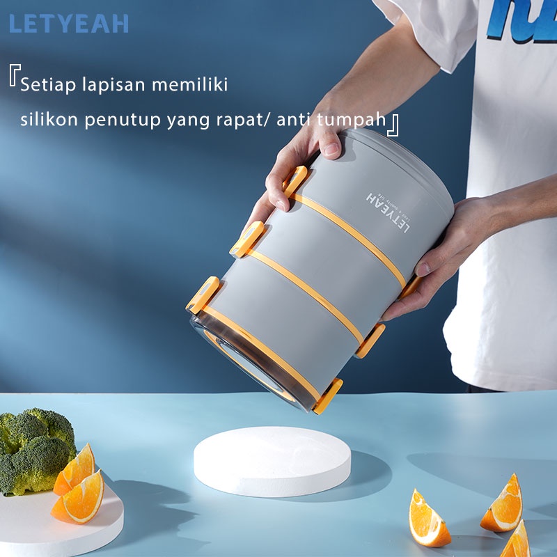 letyeah kotak makan anti tumpah / lunch box 3 susun / tempat penyimpanan makanan 2200ml / sendok gratis