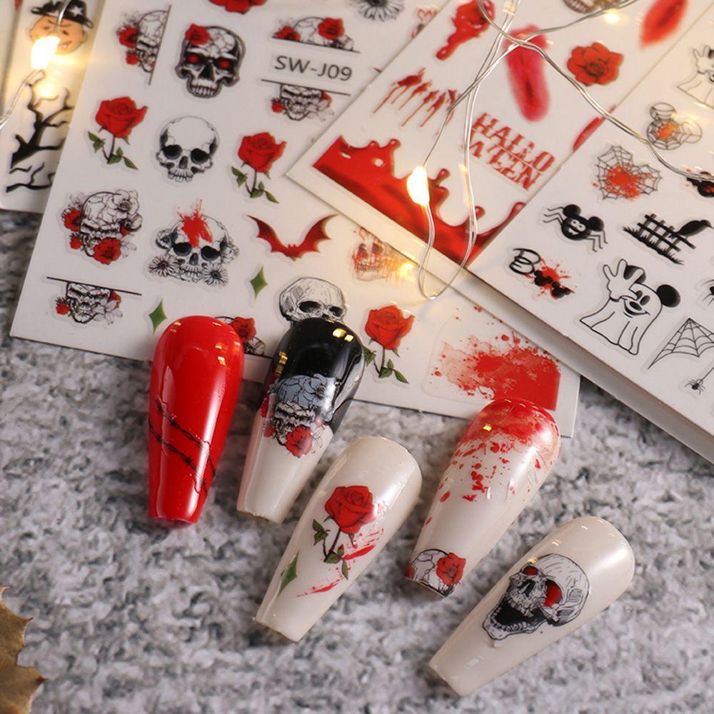 AUGUSTINA Agustina Halloween Stiker Kuku Hantu Kartun DIY Perekat Diri Aksesoris Manicure Skeleton Nail Tips Decal