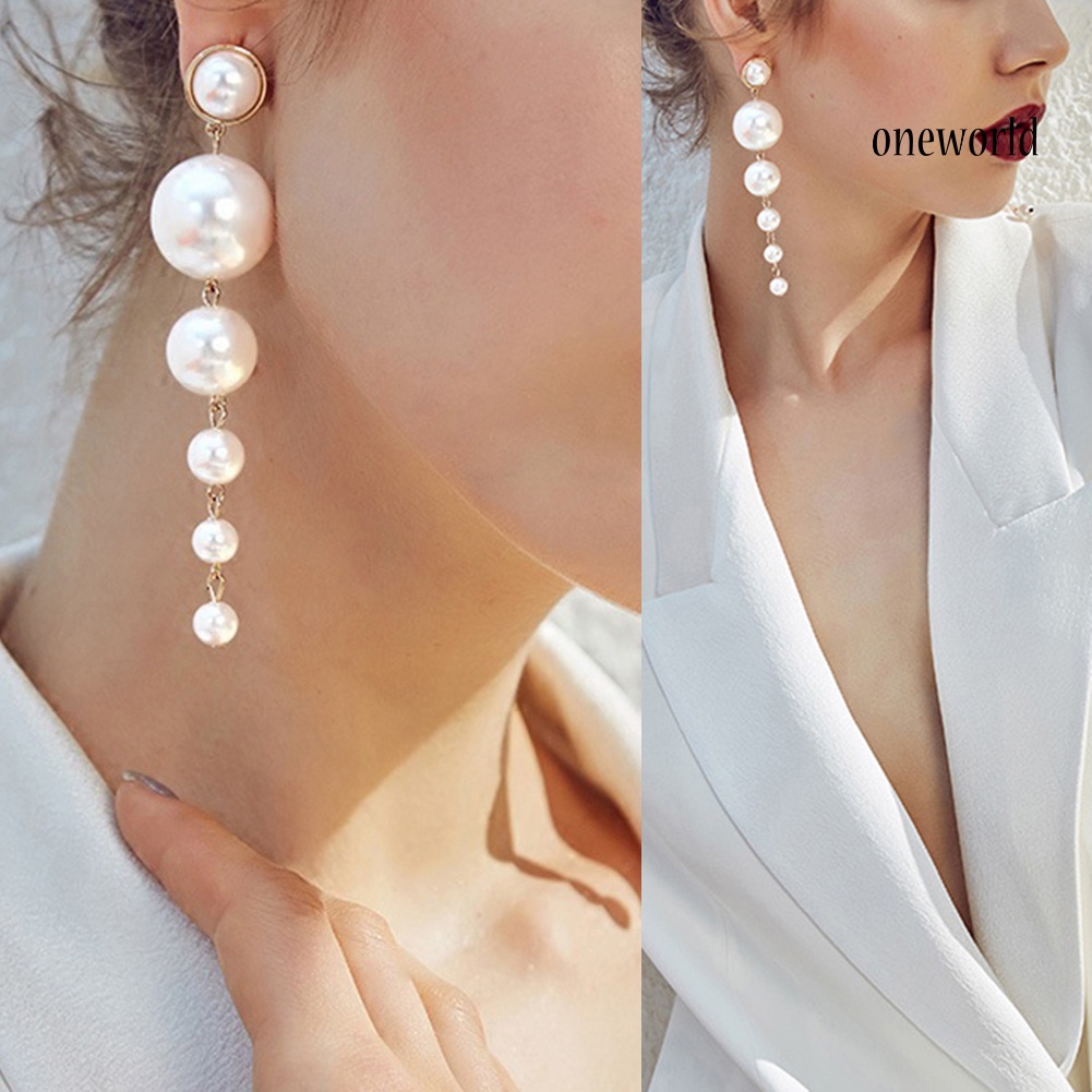 OW@ Elegant Faux Pearls Long Earrings Pearls String Linear Dangle Wedding Party Gift