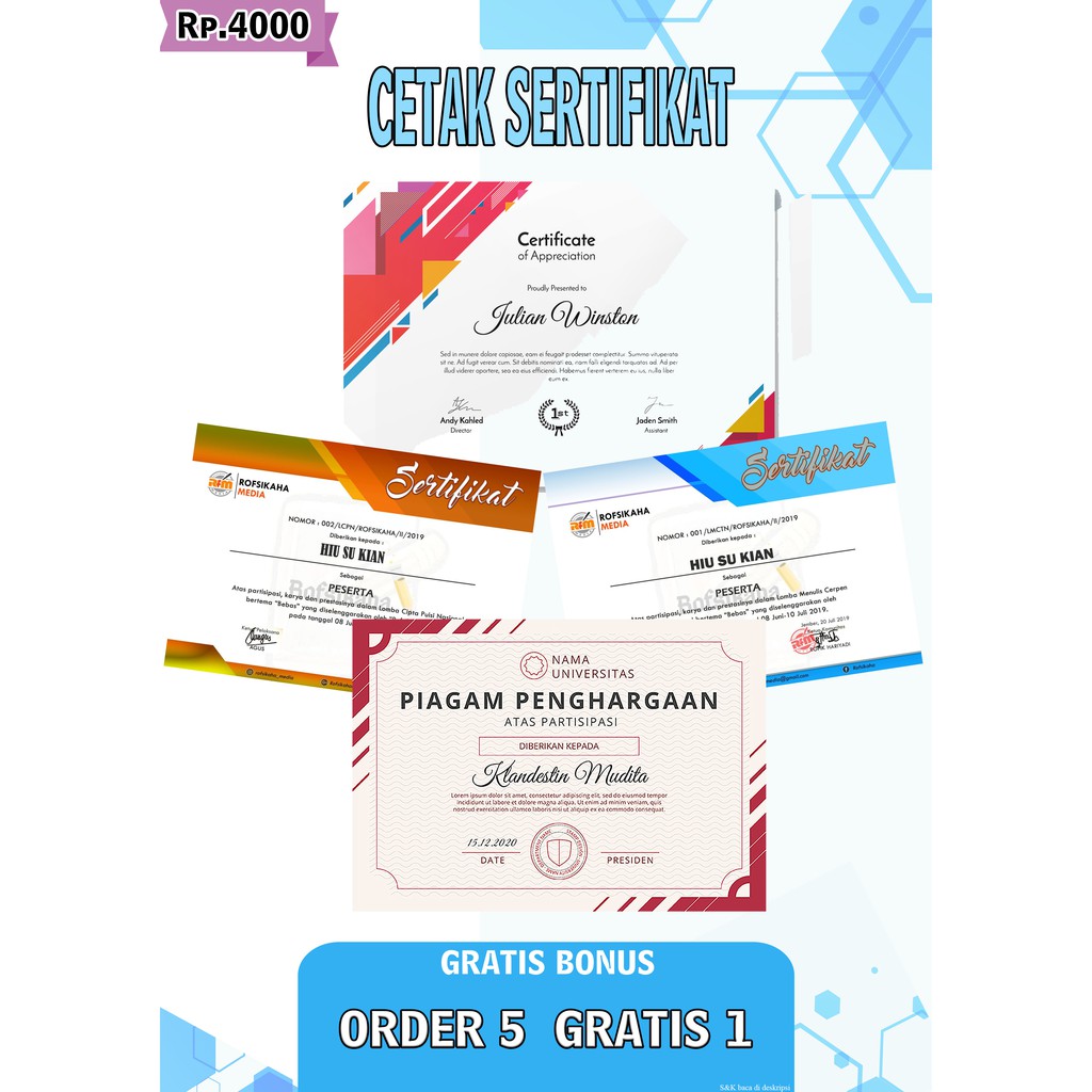 (Free Bonus) Cetak Sertifikat Free Design MURAH