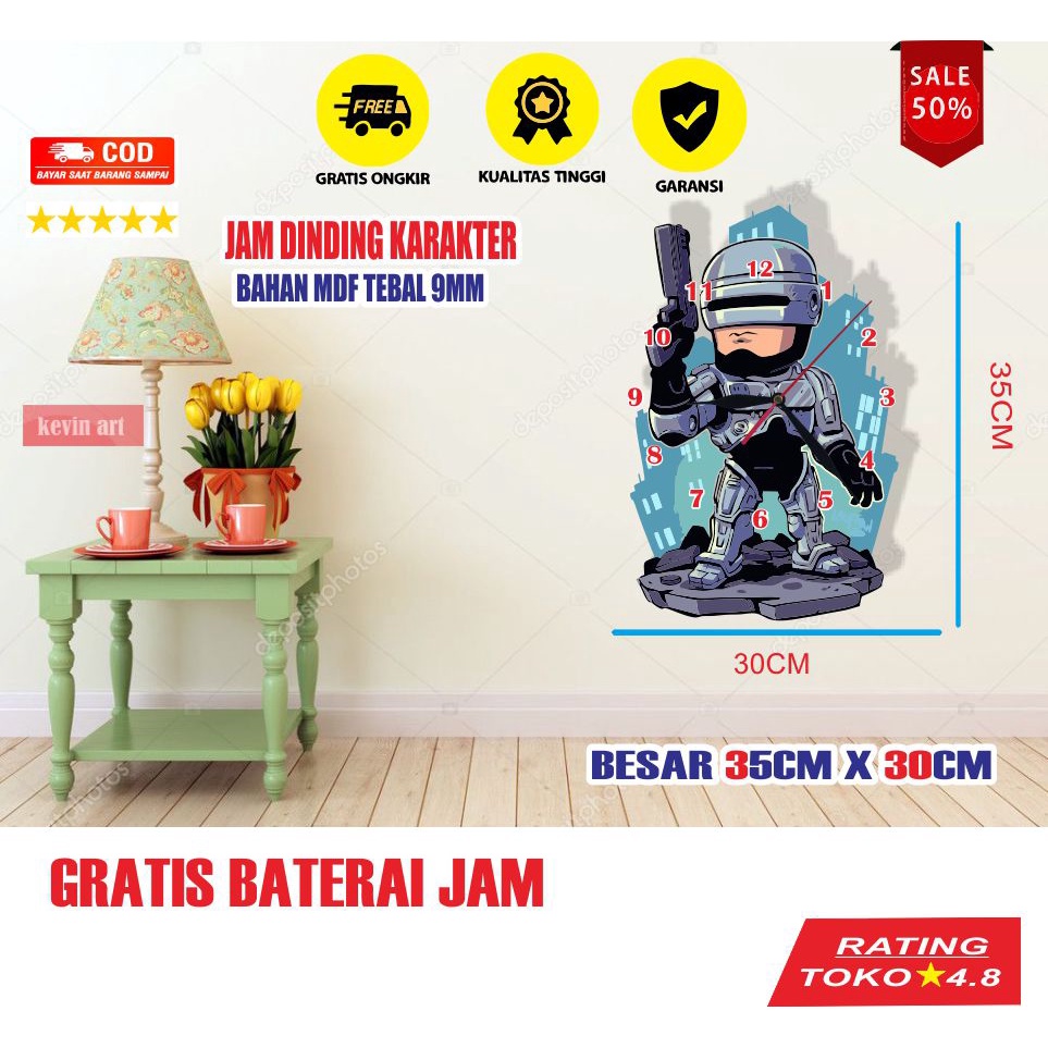 JAM DINDING UNIK DAN KEREN KARAKTER ROBOCOB FILM DEKORASI HIASAN DINDING KAMAR TIDUR WALL DECOR CUSTOM  KEREN PAJANGAN DINDING KAMAR TIDUR ANAK COWO