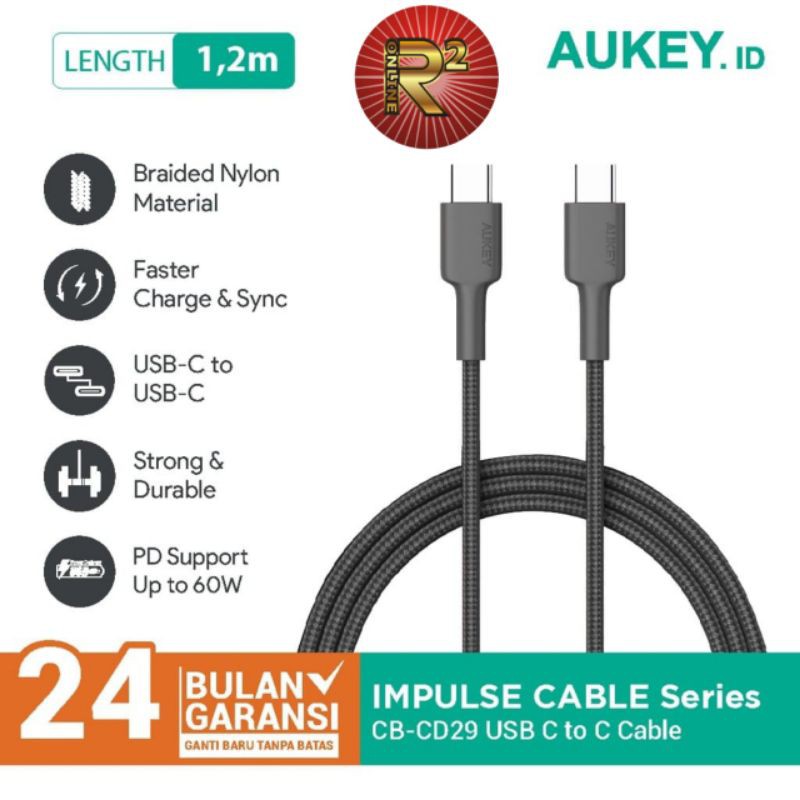 Aukey Cable CB-CD29 USB C to C 1.2m Braided Nylon Material Original Garansi Resmi