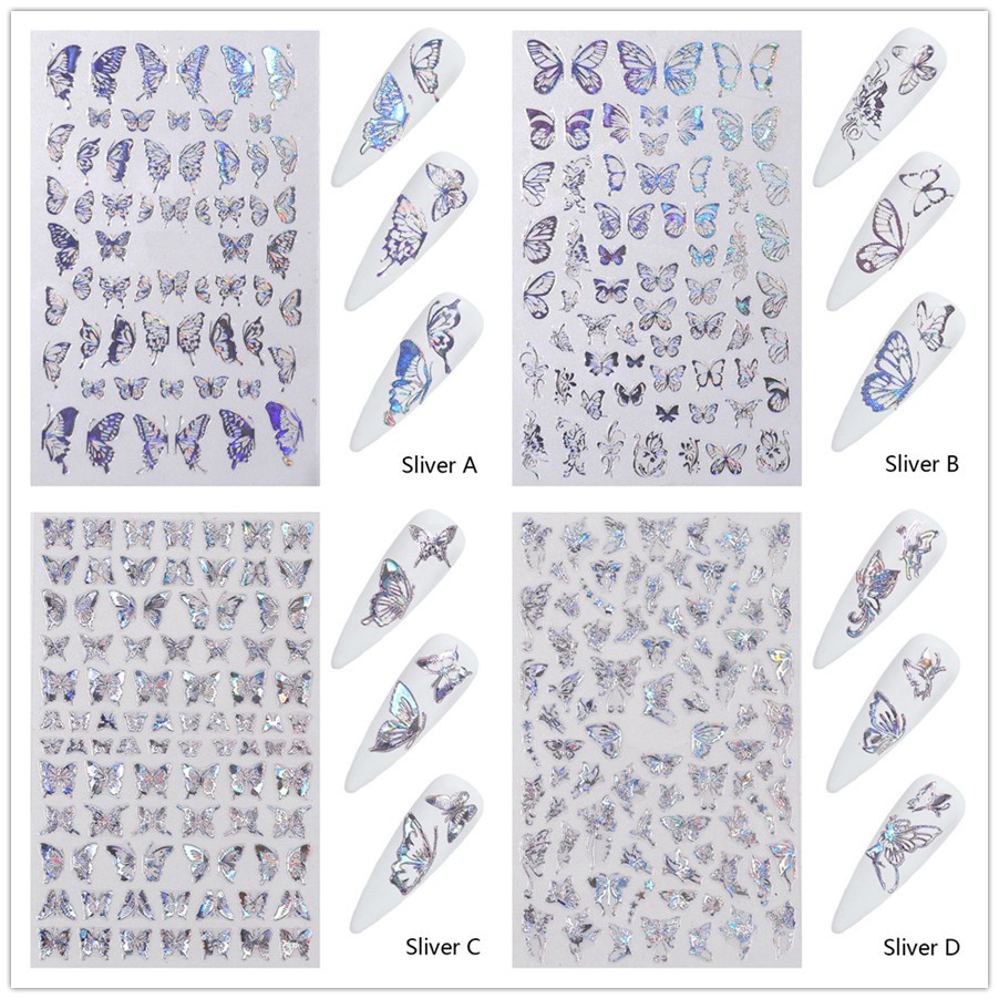Stiker Kuku Motif Kupu-Kupu Warna Laser Untuk Dekorasi Nail Art / Manicure Diy