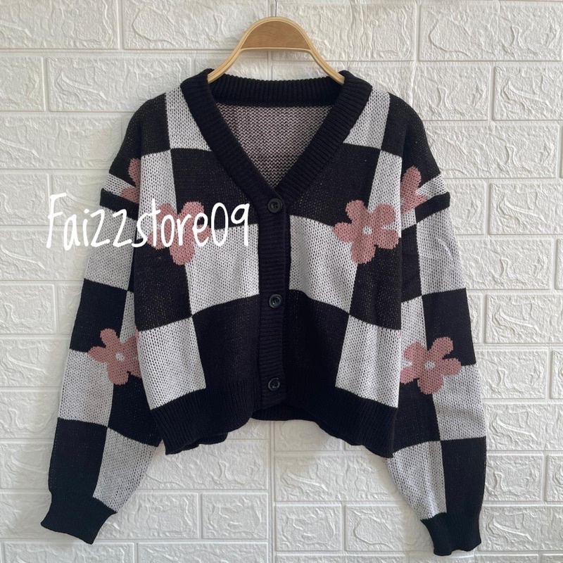 AINI Crop Cardy Bunga / Cardingan Rajut Wanita Motif / Atasan Rajut Wanita Premium