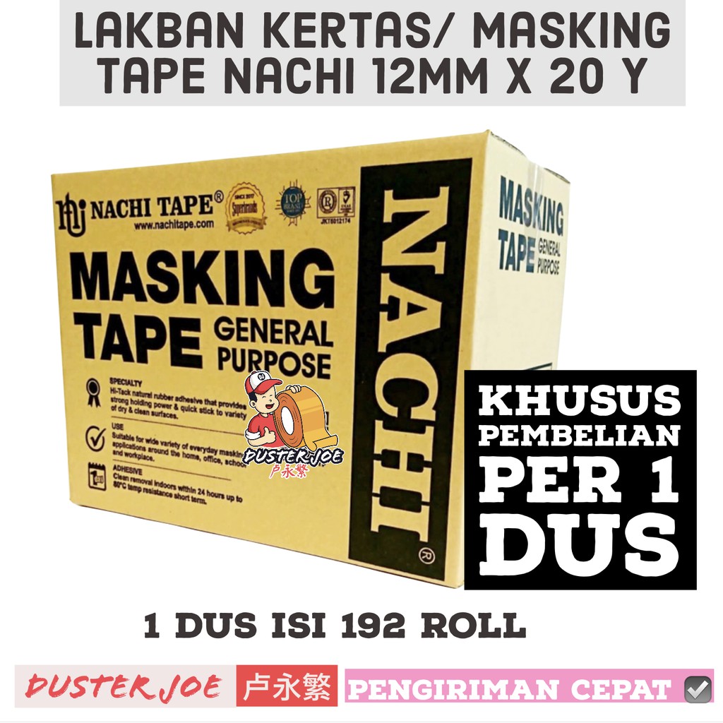 

[PER 1 DUS] Lakban kertas / Masking Nachi 1/2inch 12mm 20 YARD (1 DUS ISI 192 ROL)