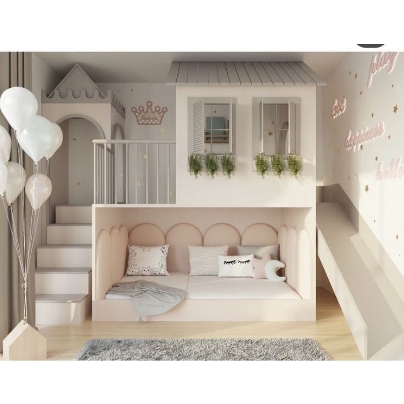 Tempat tidur anak tingkat perosotan murah motif rumah ranjang susun 2 kasur prosotan