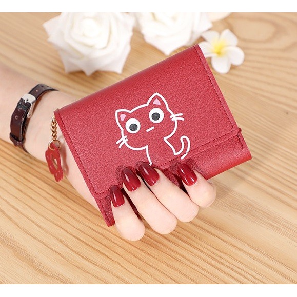 W15 Dompet Wanita Mini Happy Cat Perempuan Cewek Lucu Kantong Koin Kartu Uang Foto Cantik Women Wallet Kulit PU Leather Hitam Lipat Kecil Panjang  Sapi Korea Pria Cowok Laki Laki Cowo Import Premium Murah Tas Dompet Wanita Import Cewe Cantik Lipat