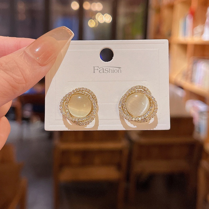 Anting Tusuk Bahan 925 silver Desain Geometri Hias Berlian Opal Gaya Mewah Untuk Wanita