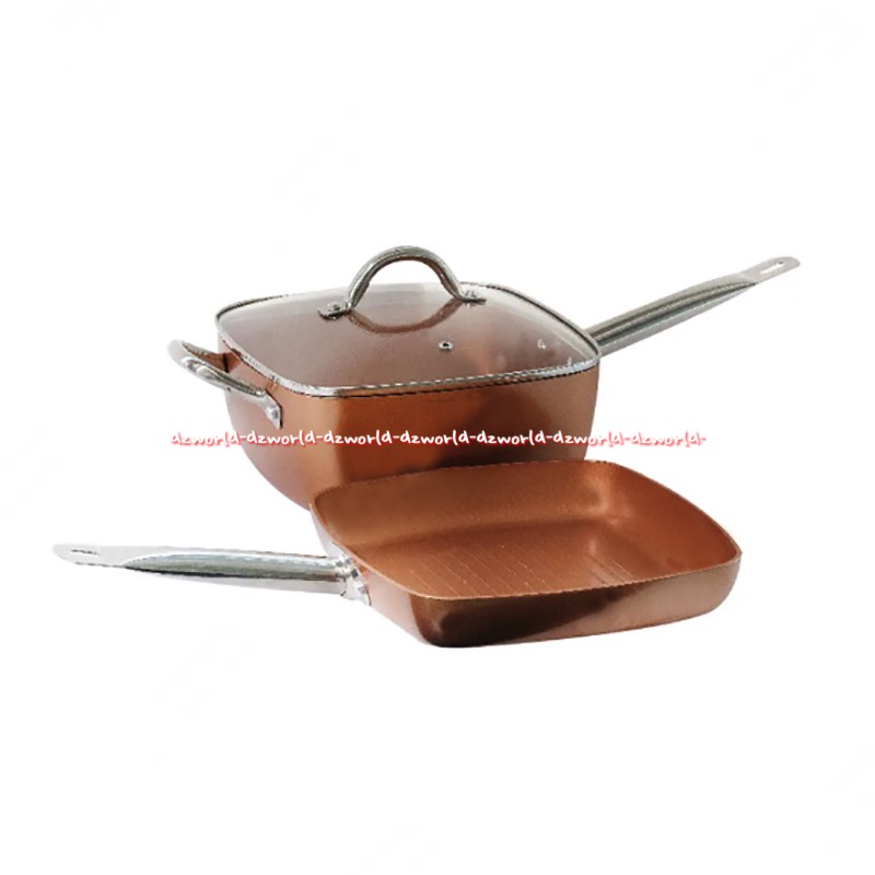 Culinart Ceramic Square Cookware 3pcs Panci Wajan Dengan Tangkai Warna Gold Tembaga Kuning Culin Art