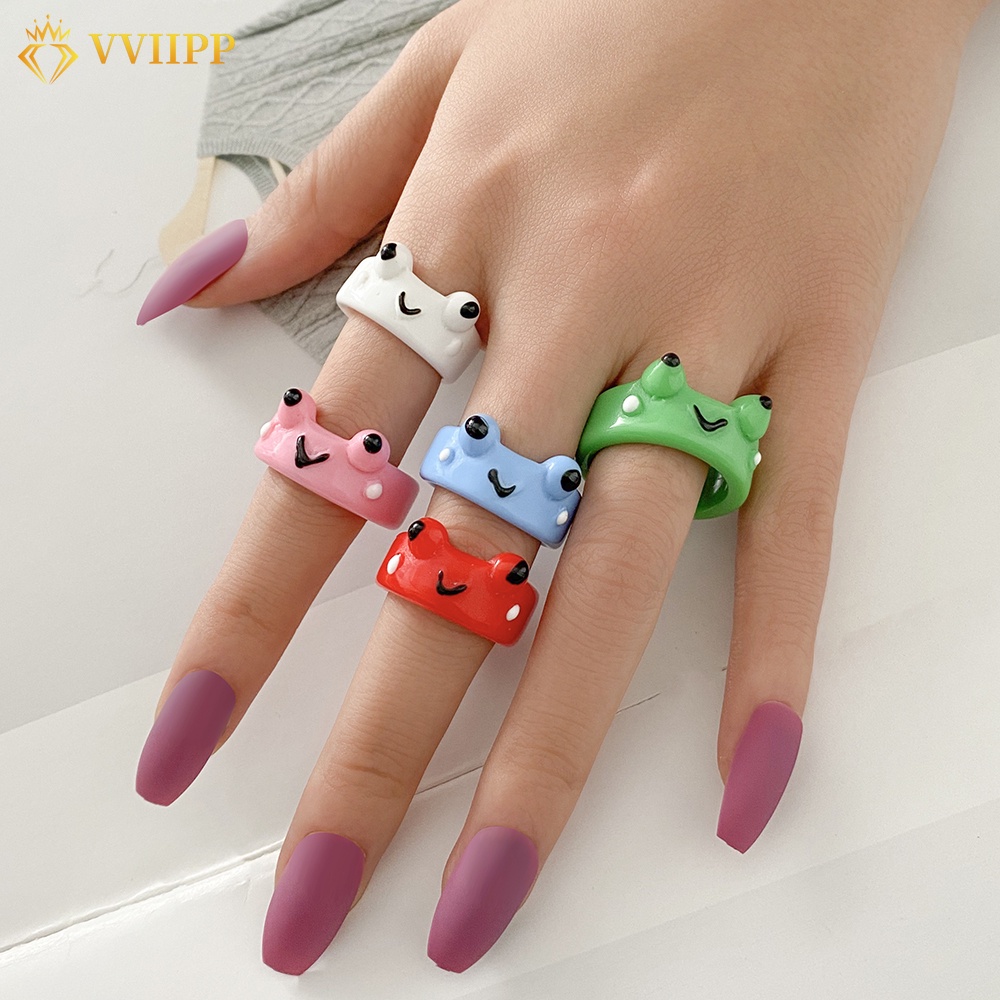 Cincin Bentuk Kartun Kodok Bahan Resin Warna-Warni Untuk Wanita