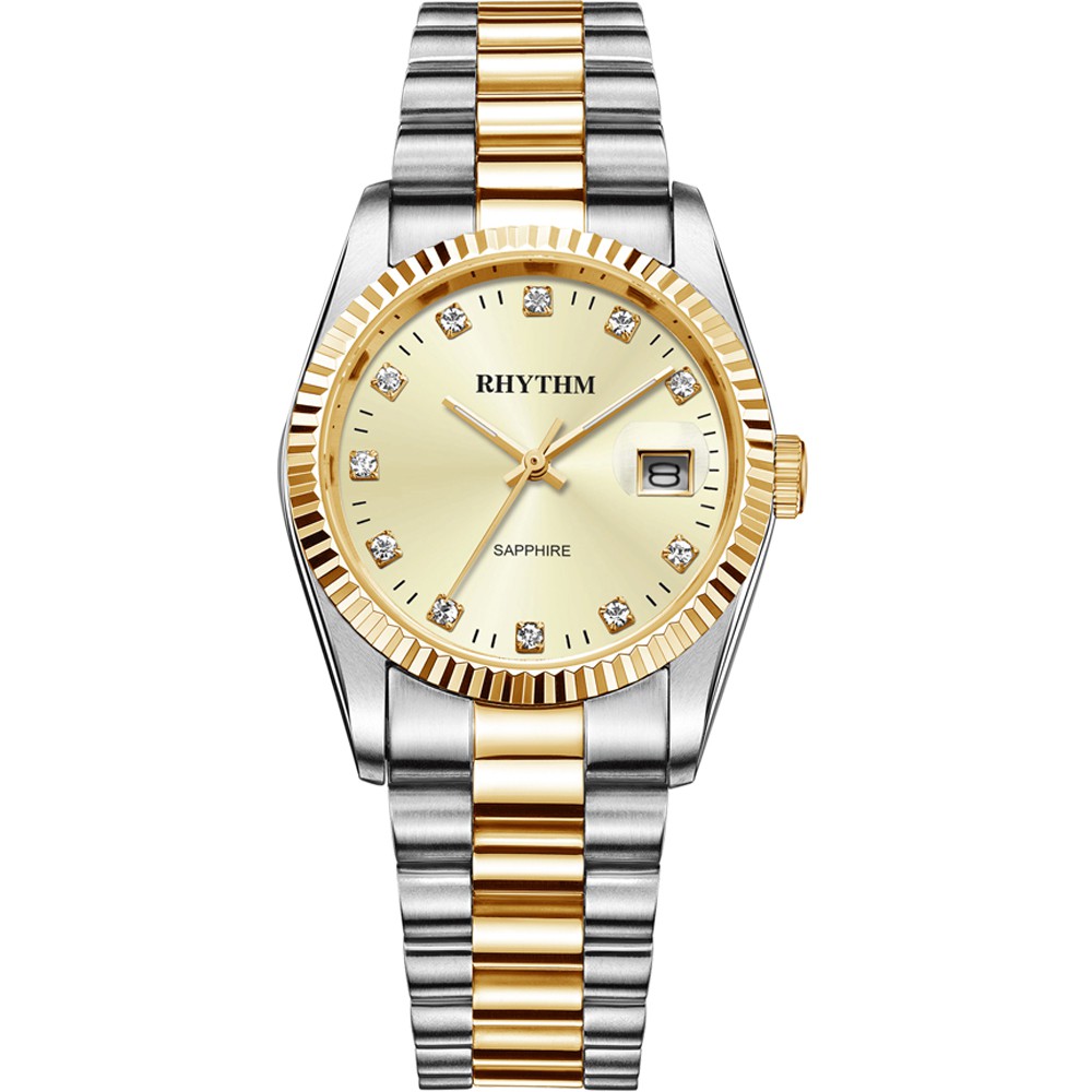 JAM TANGAN PRIA RHYTHM R1202 S04 R1202S04 ANALOG SILVER GOLD COMBI GOLD DIAL STAINLESS STRAP