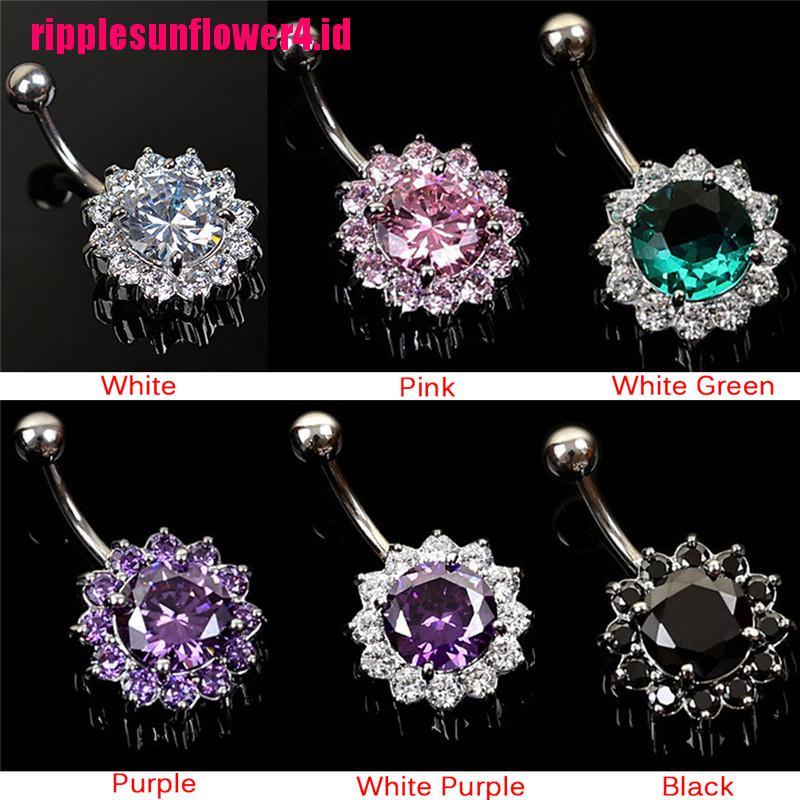 Anting Tindik Perut / Pusar Stainless Steel Model Bunga Dengan Kristal Untuk Wanita