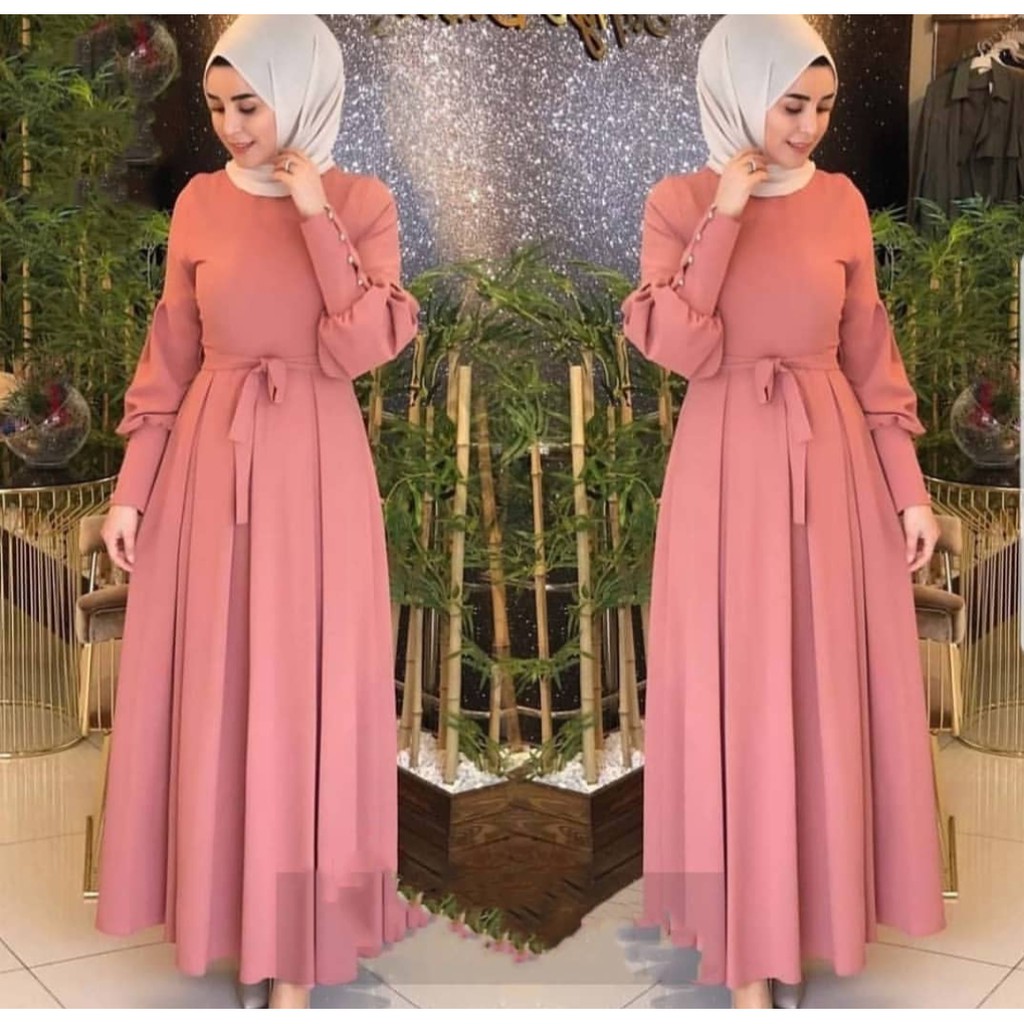 Baju gamis wanita lebaran terbaru 2022, kekinian dan modern AUDY DRESS bahan moscrepe ukuran L-XL-dusty