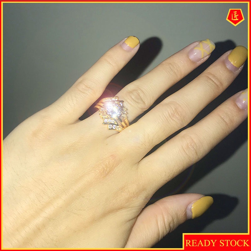 [Ready Stock]Fashion Personality 18K Gold Irregular Ladder Square Diamond Ring