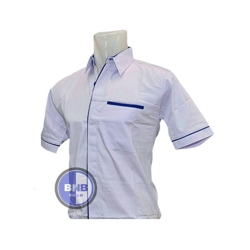 KEMEJA BAJU SERAGAM PUTIH LIS BIRU BAHAN AMERICAN DRILL