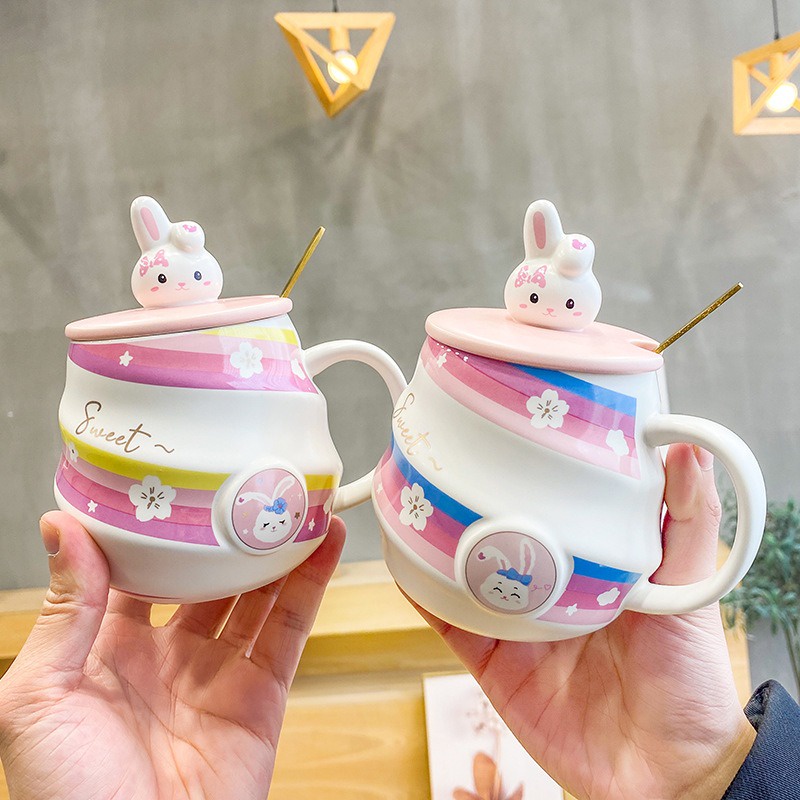 Rainbow Bunny Mug / Gelas Cangkir Minum Keramik Gift Set Korea Kado Anak Motif Kelinci Lucu Aestheti