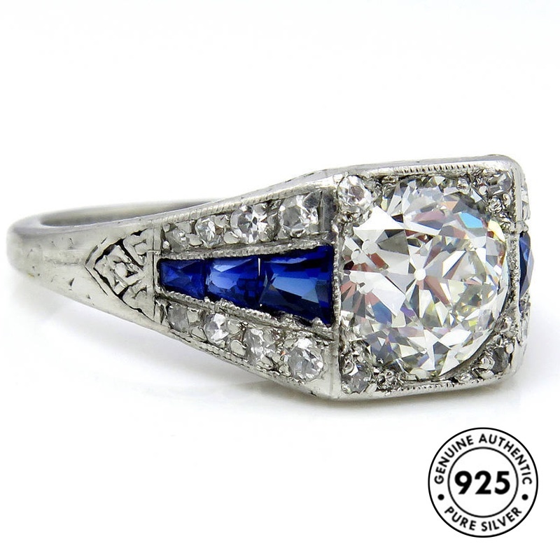 Cincin Sterling Silver 925 Dengan Berlian Kotak Warna Biru Untuk Wanita