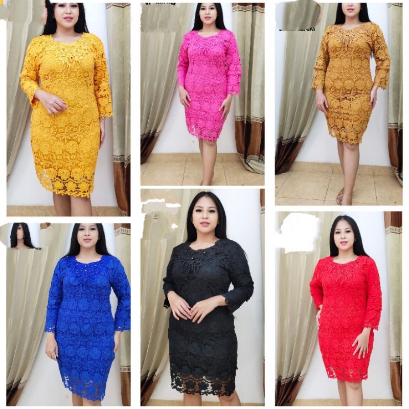 Dress brokat import bunga wanita pesta lengan panjang 7/8 lapis furing resleting samping m l xl xxl xxxl