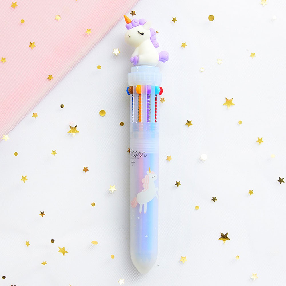 Pulpen 10 Warna Dengan Hiasan Kartun Unicorn Lucu Untuk Sekolah/Kantor