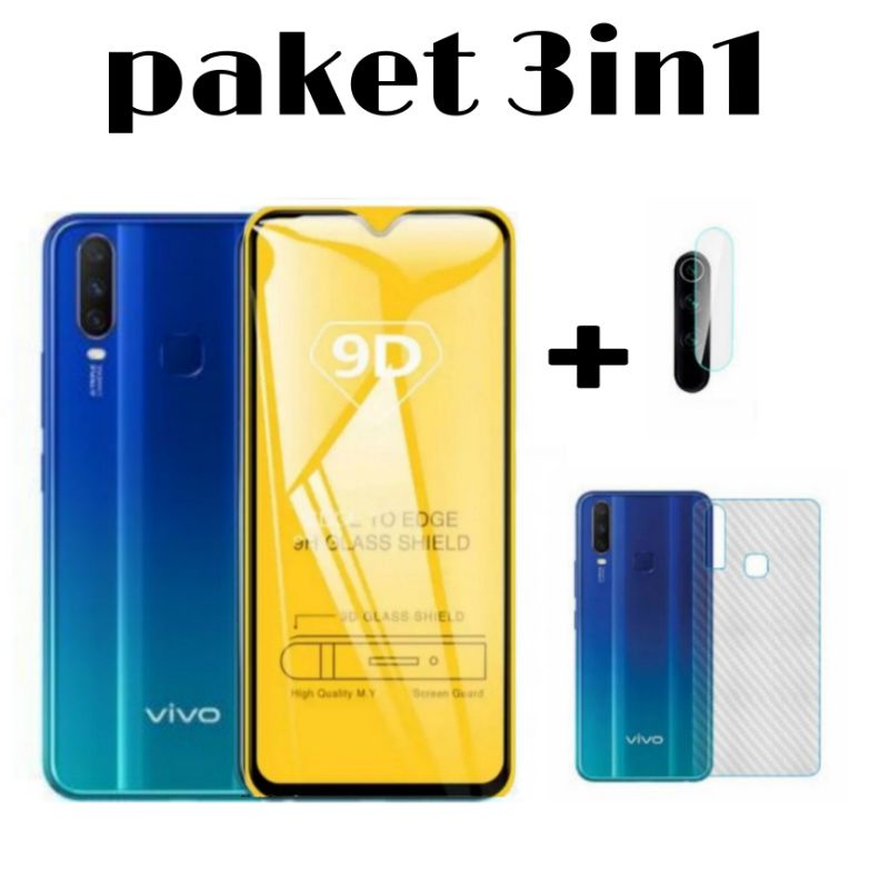 PROMO 3in1 Tempered Glass VIVO Y12 Y12i Y15 Y17 T1 5G Anti Gores Kaca Full Screen Bonus Lens Camera Dan Skin Carbon