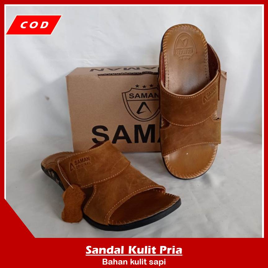 Saman Sendal Pria Selop Dubai Sandal Kulit Cowok Premium Trendy Kualitas Import Original - Coklat