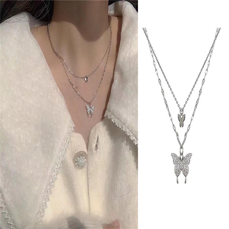 Kalung Kupu-Kupu Ganda | Flash Diamond Fashion Choker Wanita Baru Dalam Rantai Klavikula Korea