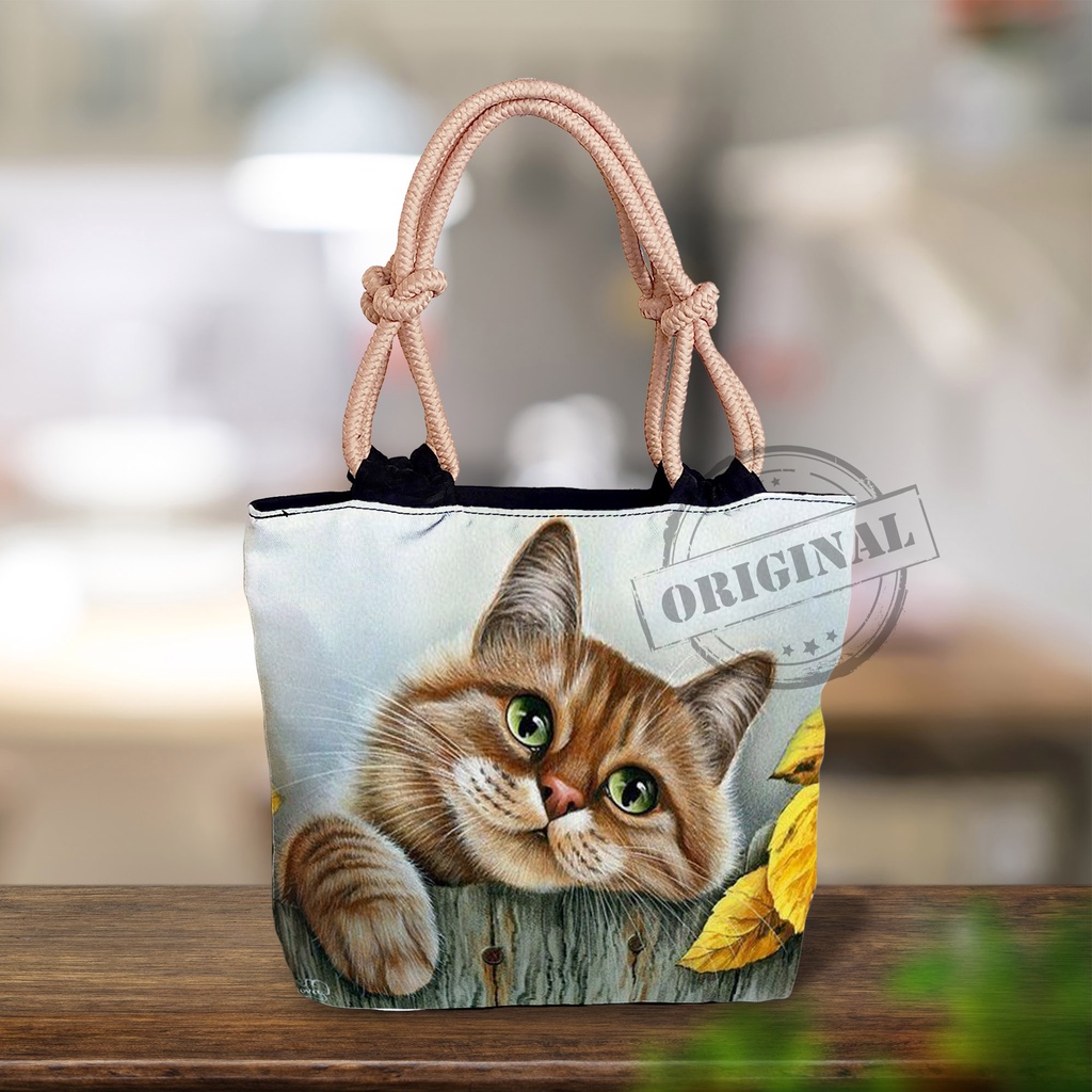 ( Cuci gudang )Tas Totebag Tali Sumbu Printing Gambar Motif Kucing