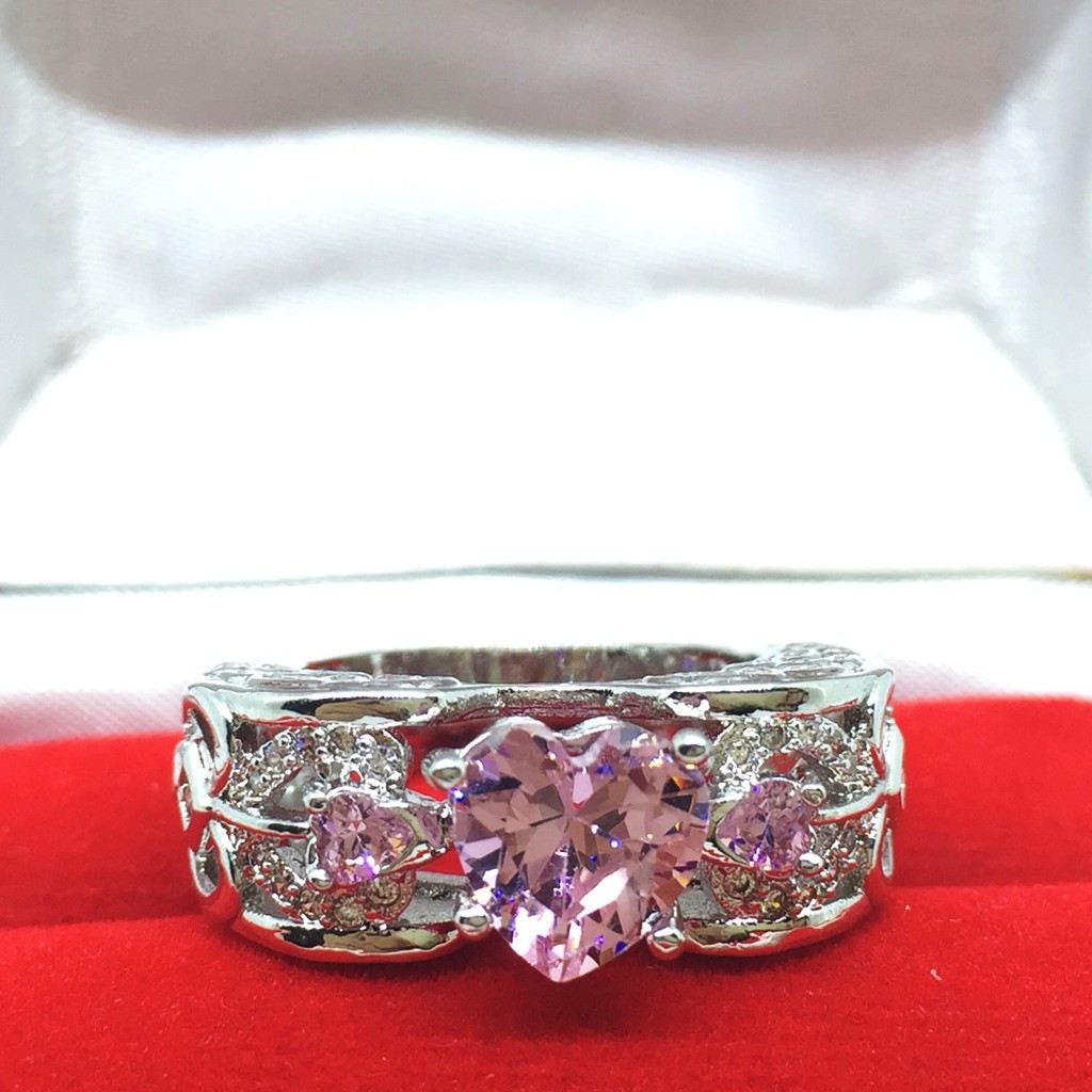 Cincin Lapis Emas Putih Batu Pink Rangka Tebal Bentuk Love - BR212P