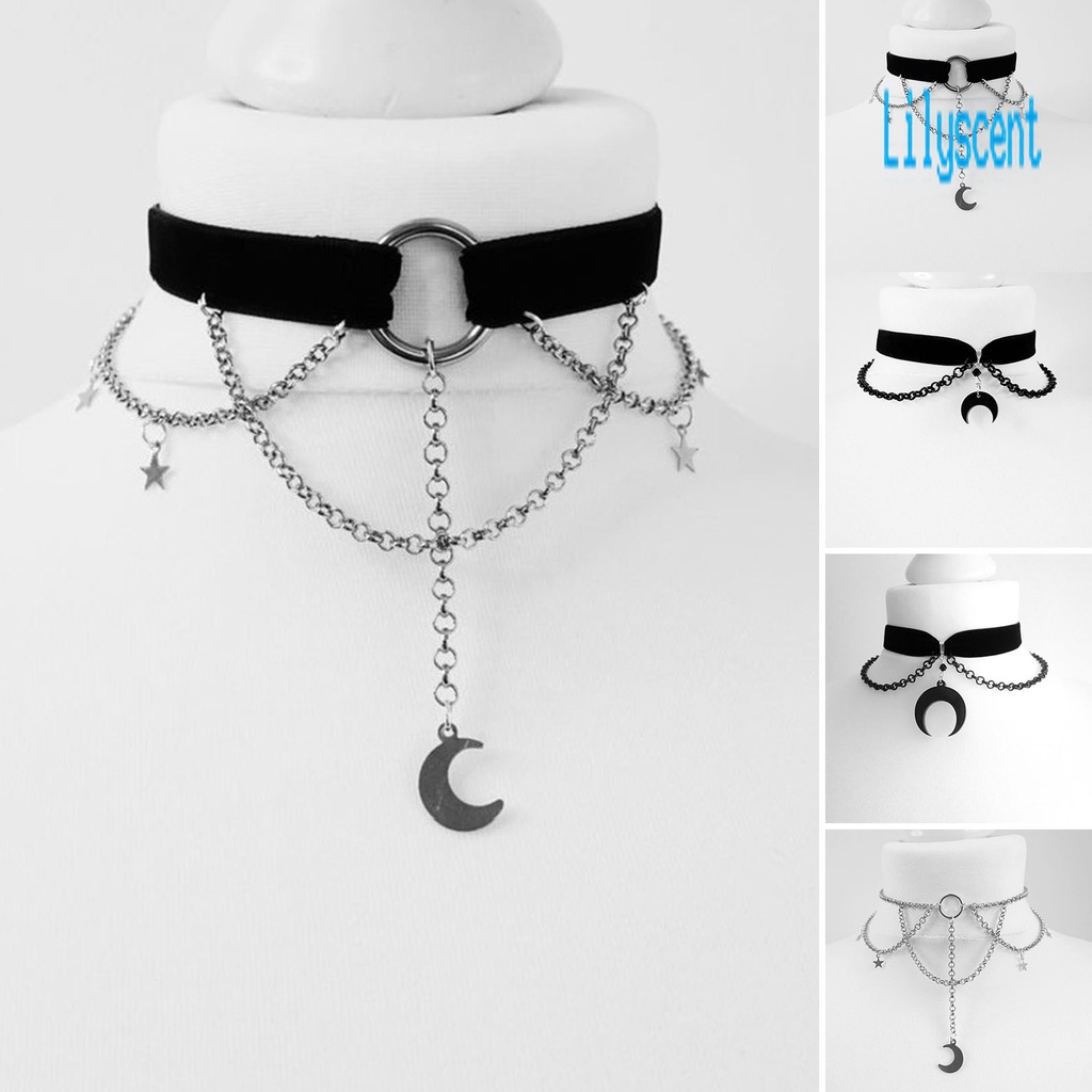 Kalung Choker Rantai Pendek Bentuk Bulan Hollow Out Gaya Gothic Untuk Wanita