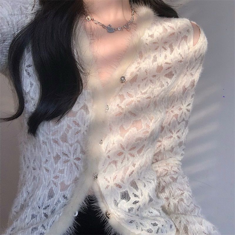 atasan renda import lace shirt women s winter warna solid lengan panjang pure want sexy furry hollow