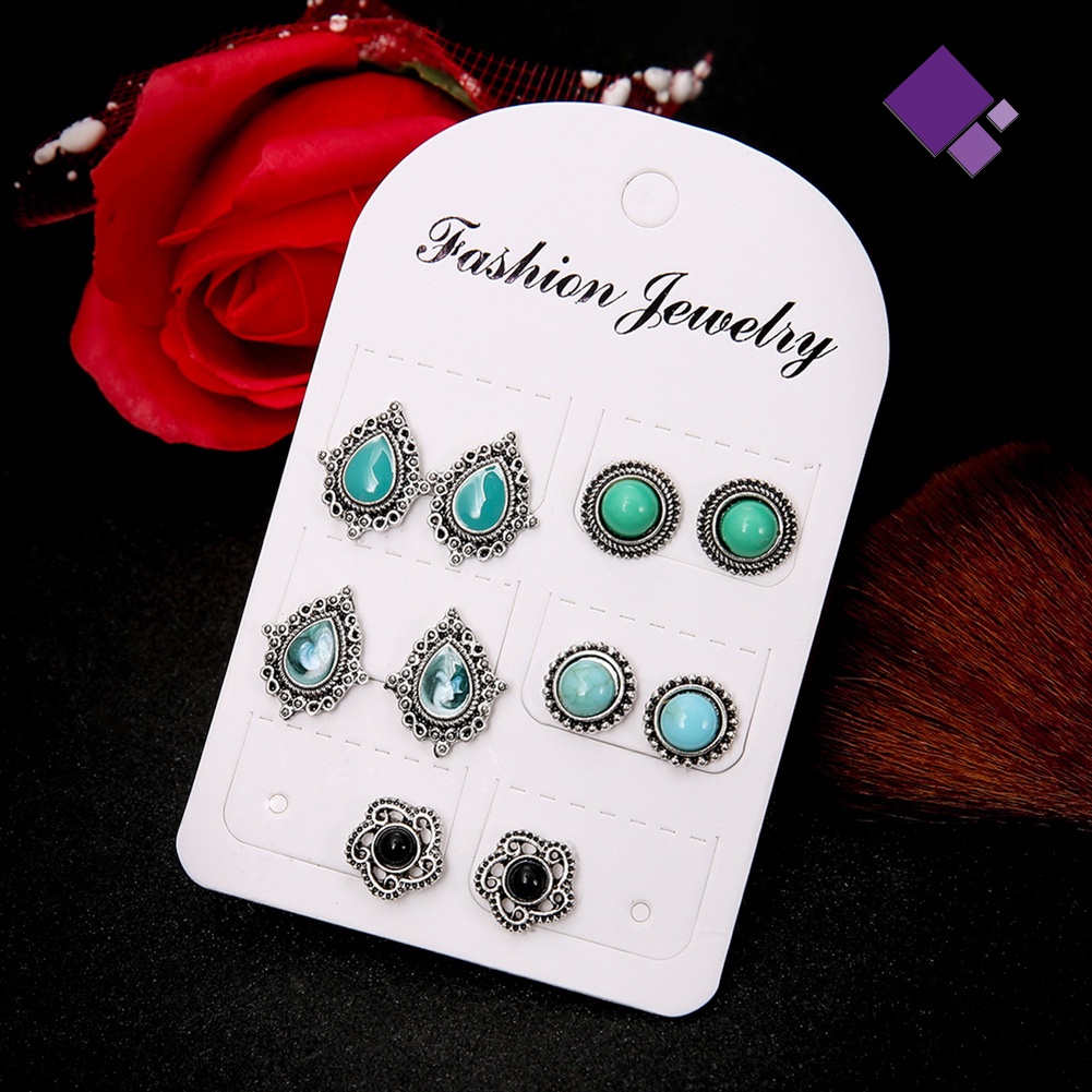 Naiveblue 5 Pasang Anting Tusuk Gantung Desain Tetesan Air Hias Turquoise Imitasi Gaya Bohemia Untuk Wanita