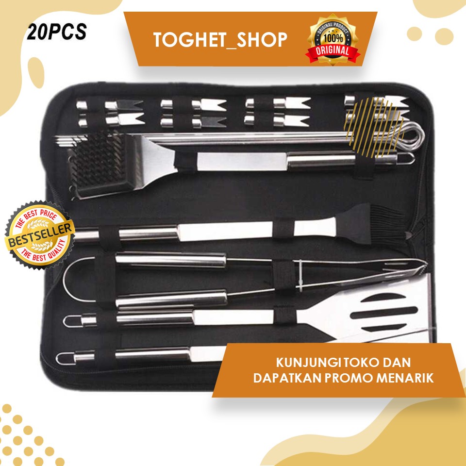 Alat Masak BBQ Set Peralatan Memanggang Daging Barbekyu 20 PCS Set Perlengkapan Masak Daging BBQ