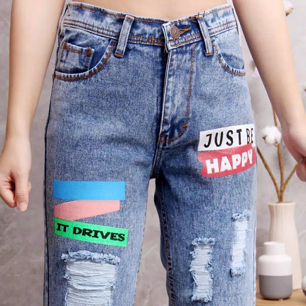 Boyfriend Jeans Sablon Wanita Premium Celana Baggy Boyfriend Jeans Ripped