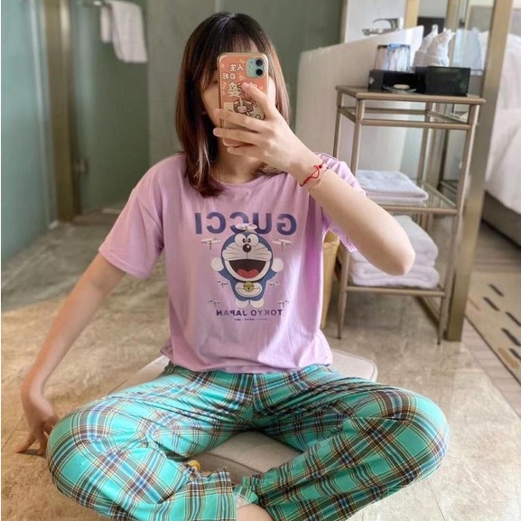 Piyama CP wanita baju tidur import jumbo/bigsize-CP EMON KOTAK LILAC