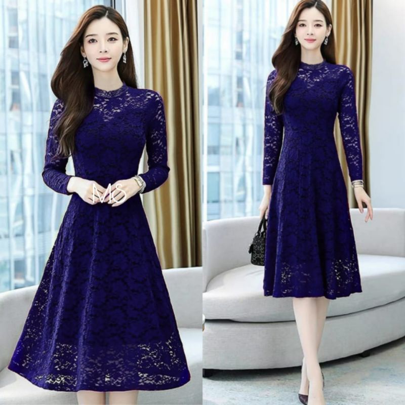 DRESS ERNESTA FASHIONPAKAIAN WANITA BAHAN BRUKAT LAPIS FURING MS ADA VIDEO REAL PICT