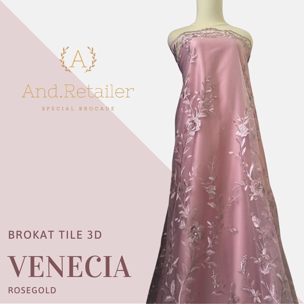 Bahan Kebaya Premium Brokat Tile 3D Venecia Warna Rose Gold