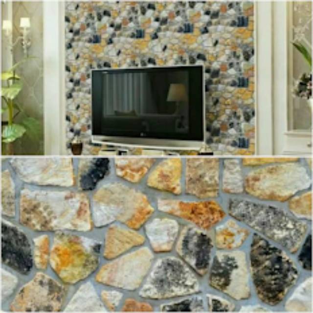 Wallpaper Sticker Dinding Motif Batu Bata Granit Kuning Hitam Abu