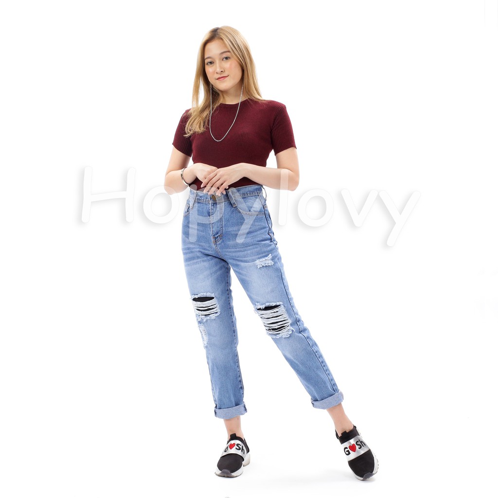 HOPYLOVY - Celana Boyfriend Jeans Sobek Lapis Furing BF Faranisa