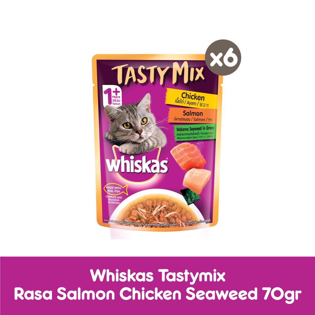 WHISKAS® Tasty Mix Makanan Kucing Basah Pouch 70gr - Isi 6-Salmon Seaweed