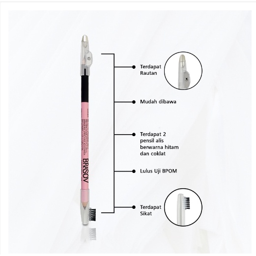 BRASOV Eyebrow Pensil Alis Duo 2.9 GR Dengan Sikat dan Peraut Eyebrow Pencil BPOM Black &amp; Brown