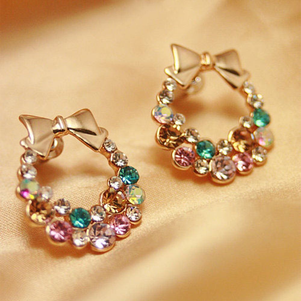 Needway  Jewelry 1 Pair Crystal Stud Gold Women Colorful Bowknot Ear Rhinestone Earring