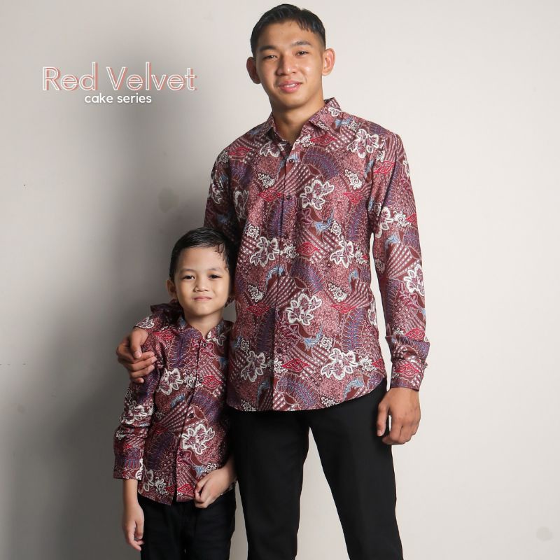 Flash Sale Kemeja Batik Slimfit Couple Ayah Dan Anak Warna Dasar Red Velvet Motif Pink Putih KLZoonfJ7OG6kL