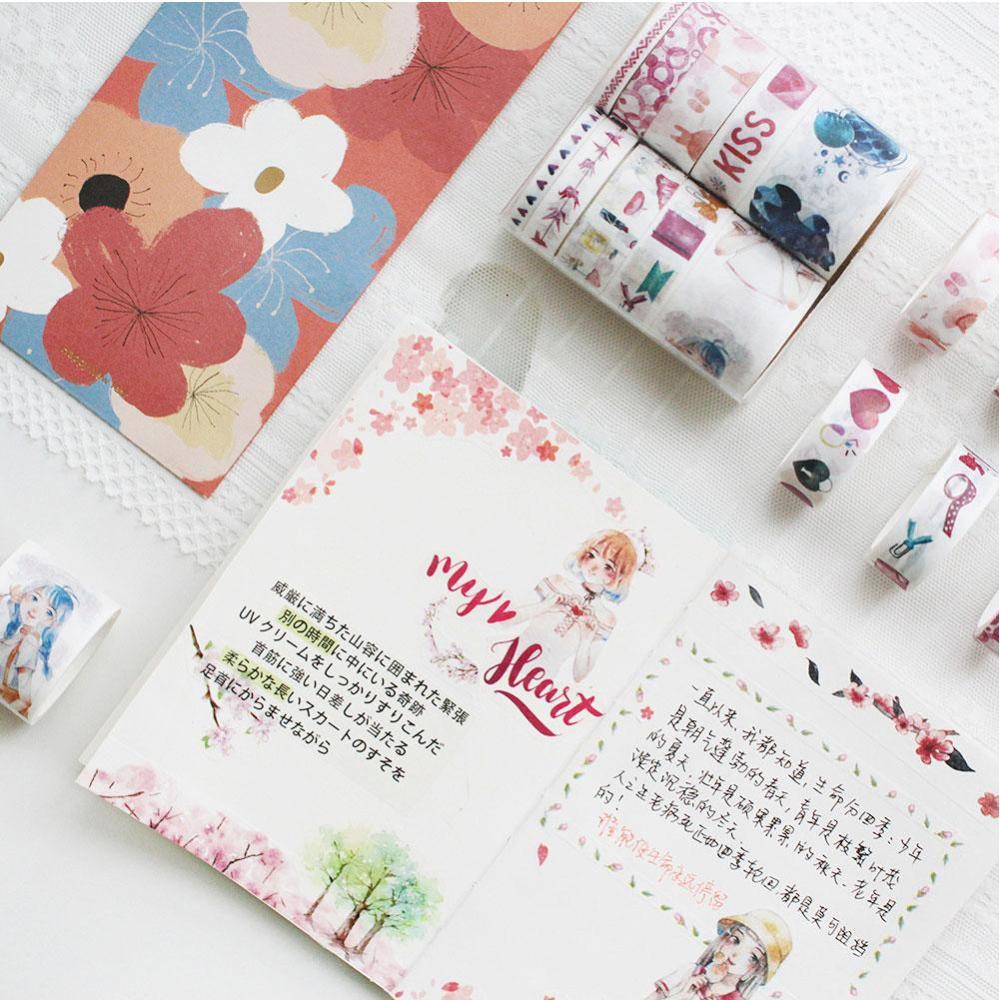 Timekey 10Pcs / Set Stiker Kertas / Selotip Washi Motif Kartun Untuk Dekorasi Scrapbook / Agenda A5K7