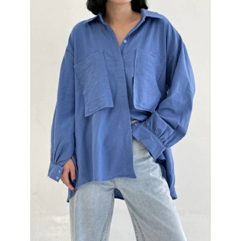 Kemeja Oversize Linen Wanita - Linen Crinkle Shirt - Atasan Wanita Lengan Panjang 9902