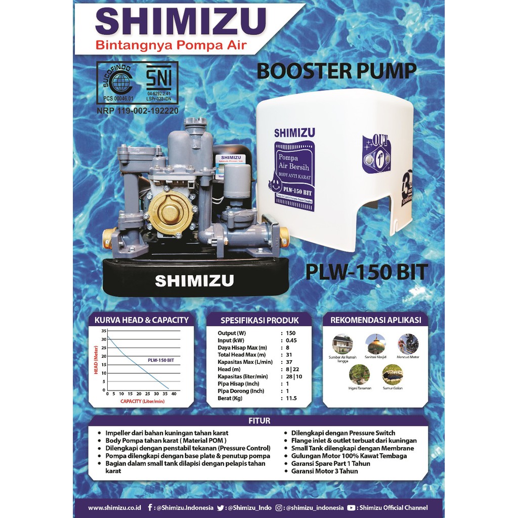 Pompa air Shimizu Booster Pump PLW 150 BIT / PLW150BIT