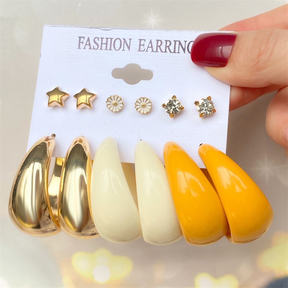 10pcs/set Pearl Metal Drop Earrings Set Fashion Women's Acrylic  Korean Geometric Twisted Metal Round Dangle Earrings Jewelry Party Gift